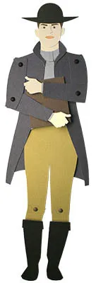 Full body illustration of Collins he's holding a book against his body