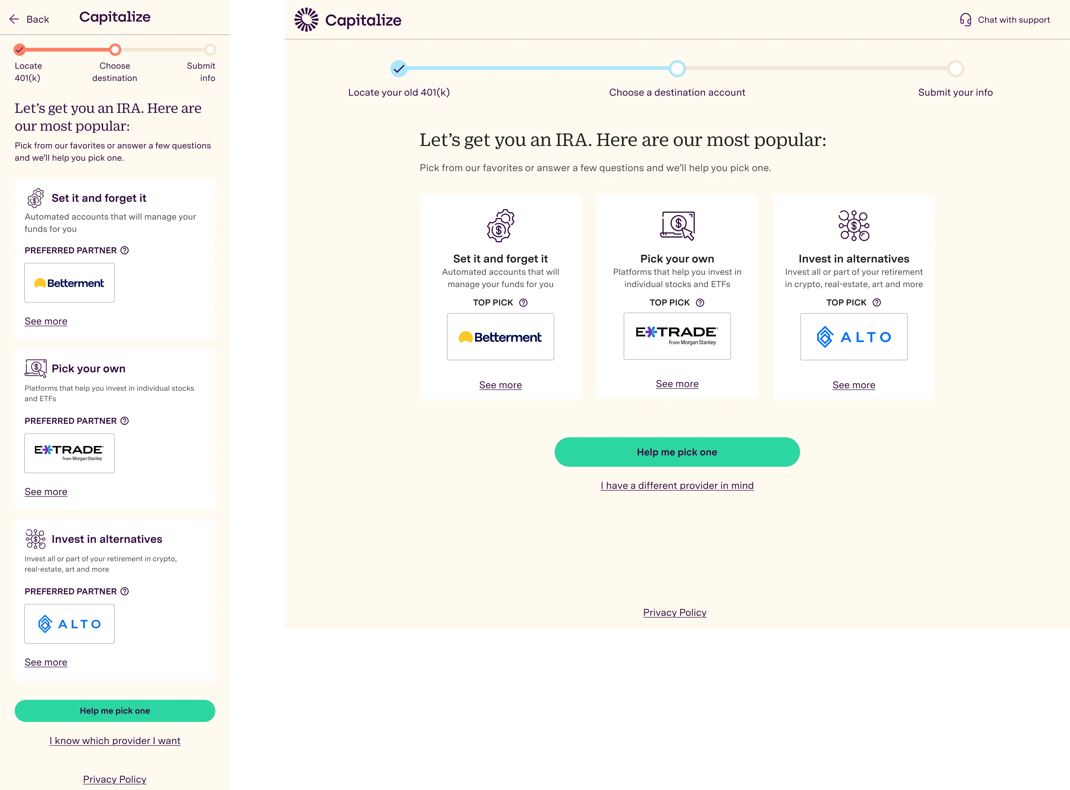 Mobile and desktop version of 3 columns with 1 logo and a see more option