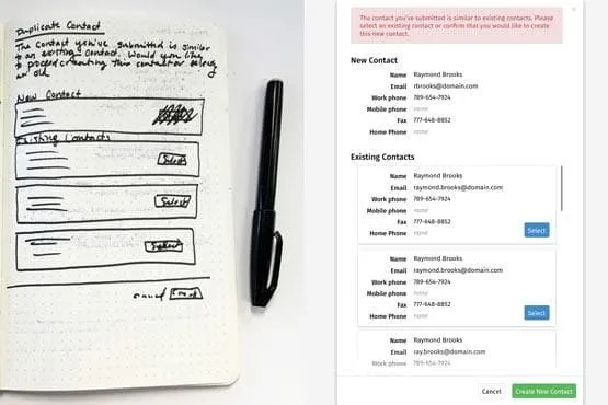 Sketch and real design of a contact management modal