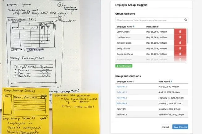 Sketchbook with post-its next to a real design of an employee group modal