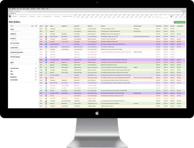 A colorful table full of plan orders is displayed on a desktop mac